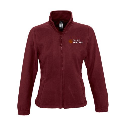 Giacca in pile di poliestere bordeaux da donna con zip integrale e tasche.