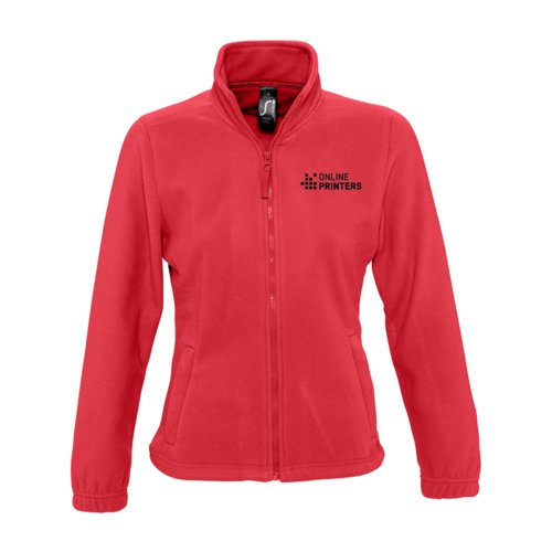 Giacca in pile di poliestere rosso da donna con zip integrale.