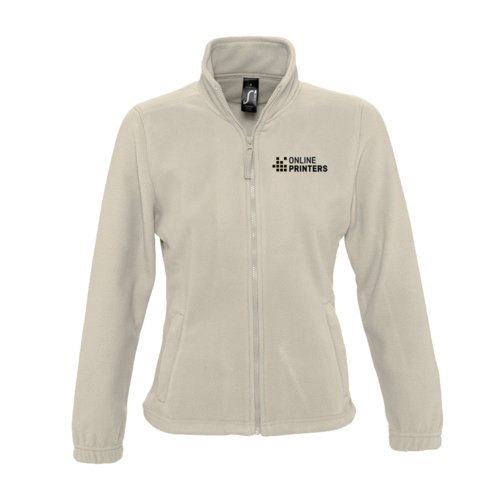 Giacca in pile di poliestere beige con zip integrale da donna.
