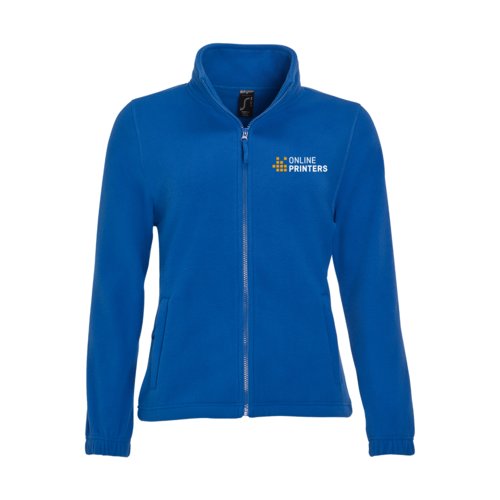 Giacca in pile di poliestere blu royal da donna con zip integrale.