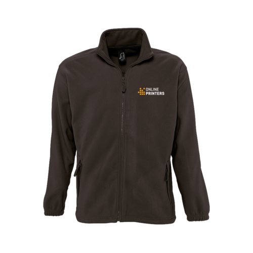 Giacca in pile di poliestere marrone scuro con zip integrale e tasche laterali.