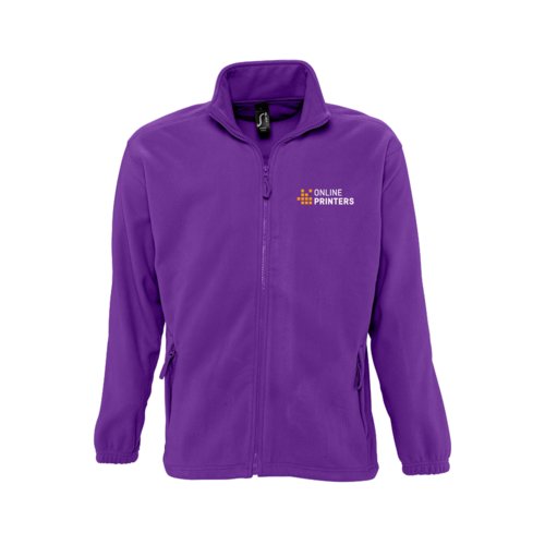 Giacca in pile di poliestere viola scuro con zip integrale.