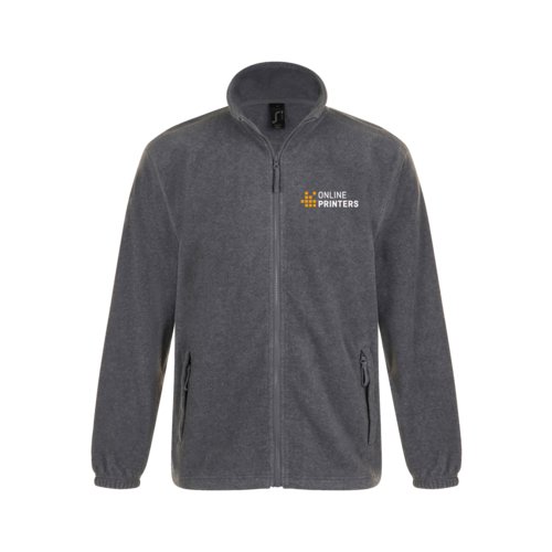 Giacca in pile di poliestere grigio con zip integrale e tasche laterali.