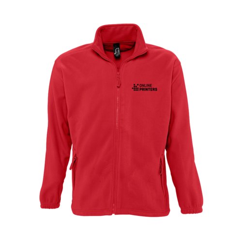 Giacca in pile di poliestere rossa con zip integrale.