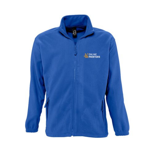 Giacca in pile di poliestere blu royal con zip integrale.