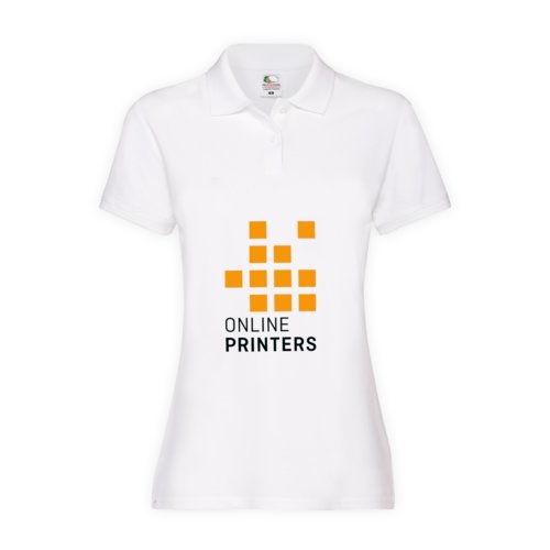 Polo da donna bianco in cotone con maniche corte e colletto.