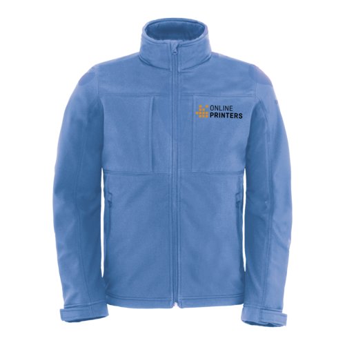 Giacca softshell azzurra in poliestere ed elastan con zip e tasche.