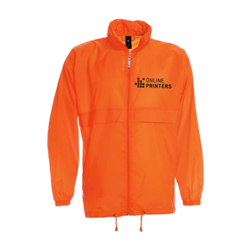 Giacca a vento arancione in nylon con zip integrale.