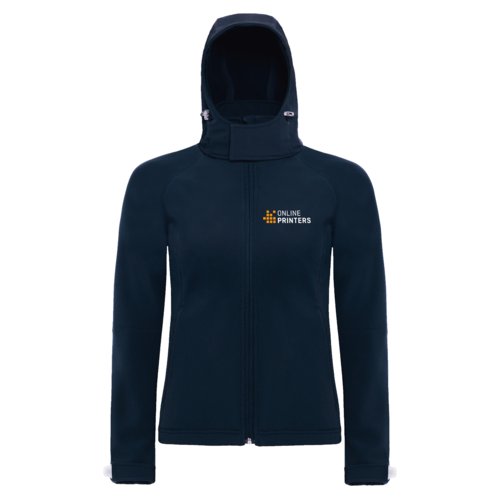 Giacca softshell blu navy in poliestere ed elastan con cappuccio e zip.