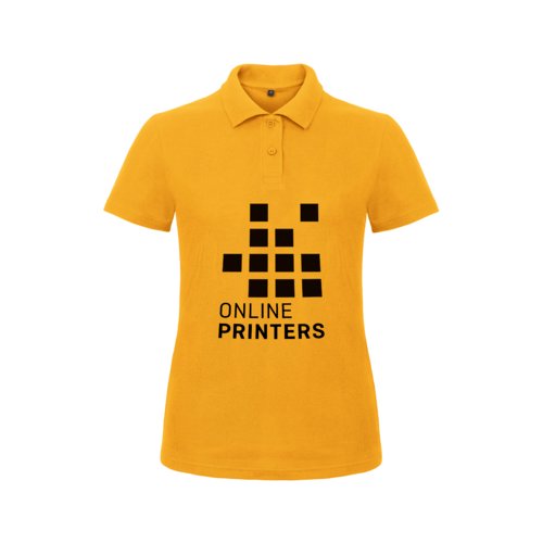 Polo da donna in cotone giallo dorato con abbottonatura corta.