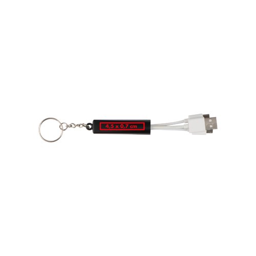 Cavo di ricarica USB nero con portachiavi e tre connettori diversi.
