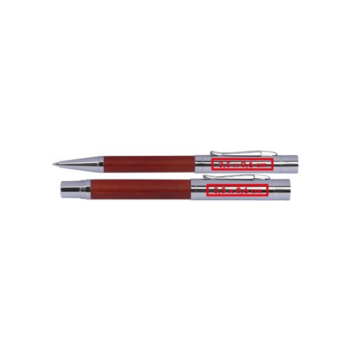 Set da scrittura color legno con penna a sfera e custodia.