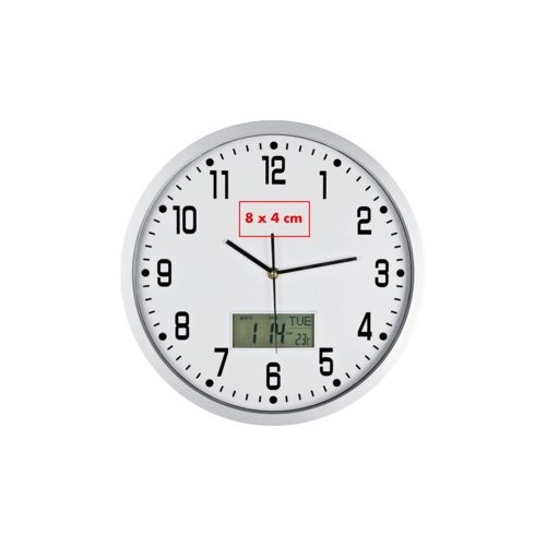 Orologio da parete analogico con display digitale aggiuntivo.