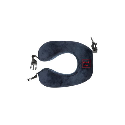 Cuscino cervicale blu in peluche con chiusura regolabile.