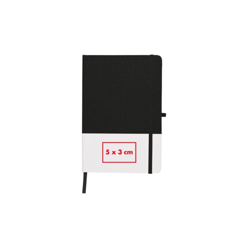 Quaderno nero con chiusura elastica e segnalibro a nastro.