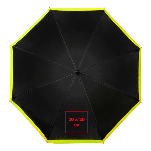 Ombrello nero con bordo giallo e meccanismo di apertura automatica.