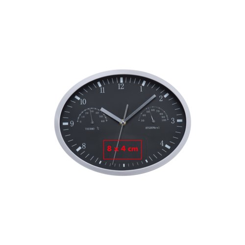 Orologio da parete nero con termometro e igrometro.