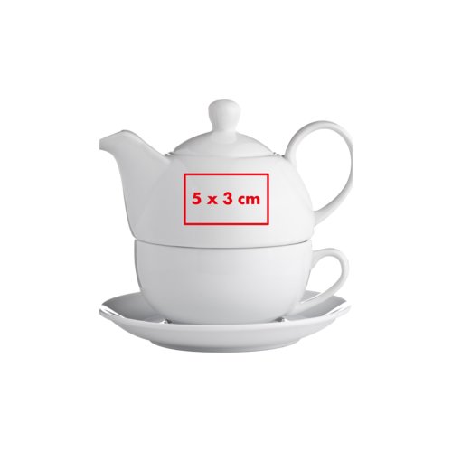 Set da t in ceramica bianca, composto da teiera, tazza e piattino.
