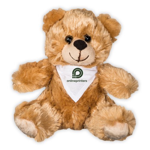 Orsacchiotto di peluche marrone con bandana.