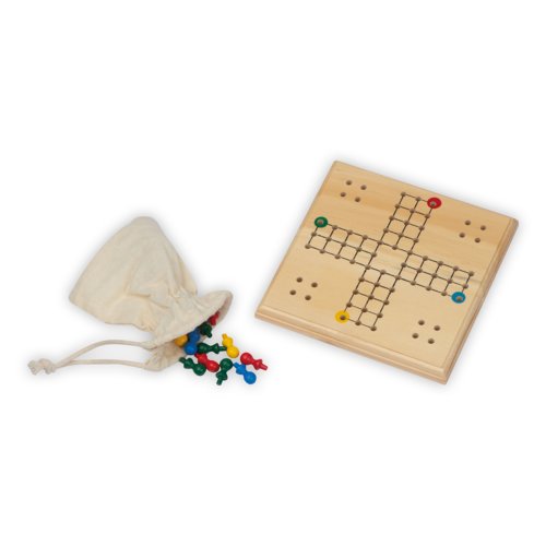 Gioco da tavolo in legno marrone con pedine e sacchetto di cotone.