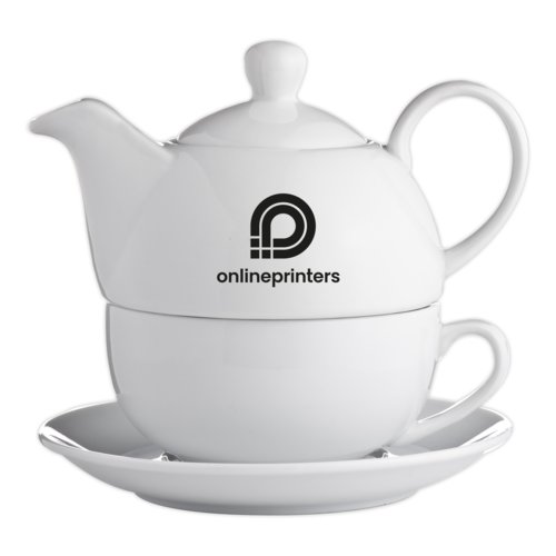 Set da t in ceramica bianca composto da teiera, tazza e piattino.
