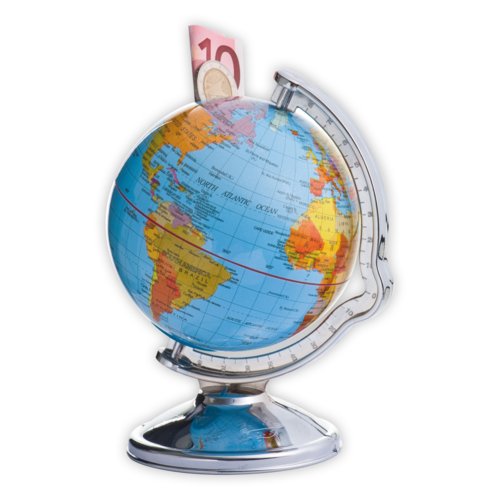 Salvadanaio a forma di globo con fessura e base color argento.