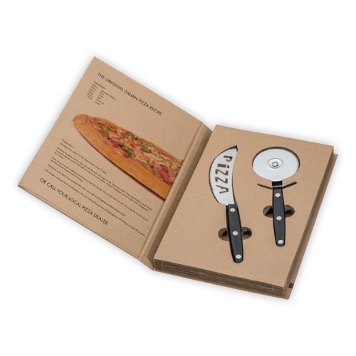 Set pizza nero in 2 pezzi con coltello e rotella taglia pizza.