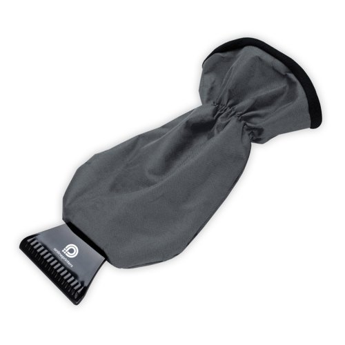 Raschietto per ghiaccio grigio con guanto e polsino elastico.