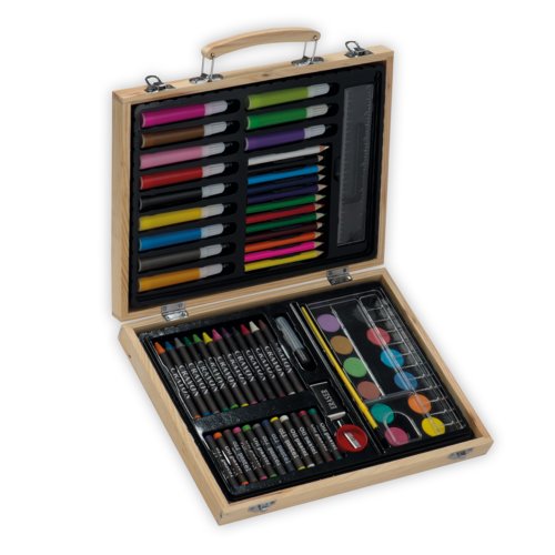 Set da disegno in legno marrone con varie forniture artistiche.