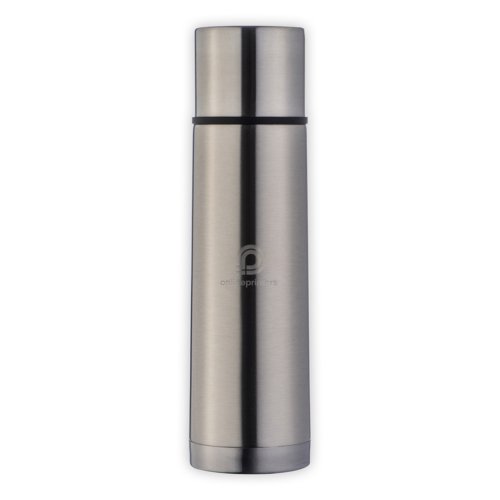 Thermos isolante argento in acciaio inox con tappo a vite.