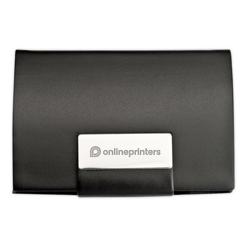 Porta biglietti da visita in pelle nera con chiusura magnetica.