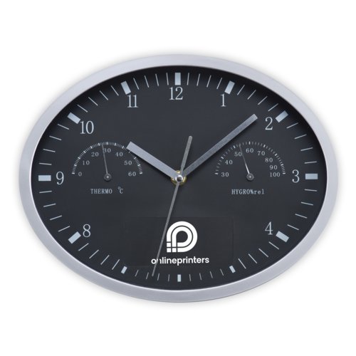 Orologio da parete nero con termometro e igrometro.