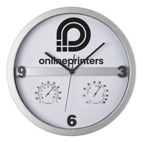 Orologio da parete argentato con termometro e igrometro.