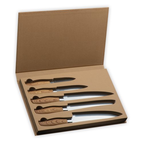 Set di coltelli grigi in acciaio e legno, cinque pezzi.
