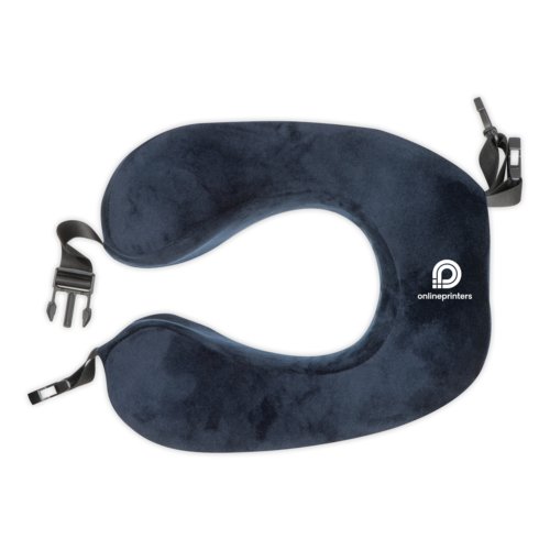 Cuscino da viaggio in peluche blu con chiusura regolabile.