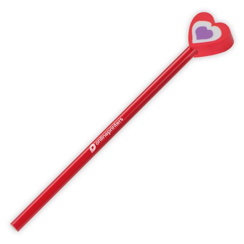Matita in legno rossa con decorazione a cuore.