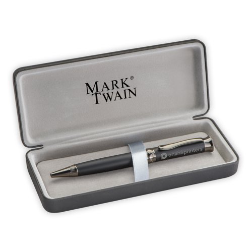 Penna a sfera in metallo grigio con meccanismo a scatto.