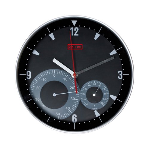 Orologio da parete nero con termometro e igrometro integrati.