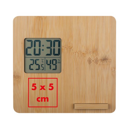 Stazione meteo in legno chiaro con display digitale.