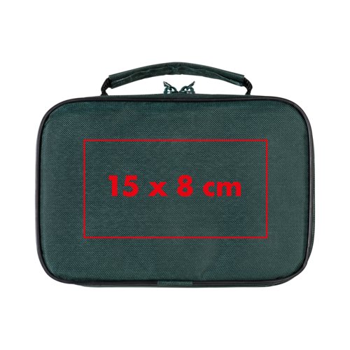 Borsa verde con cerniera e maniglia.