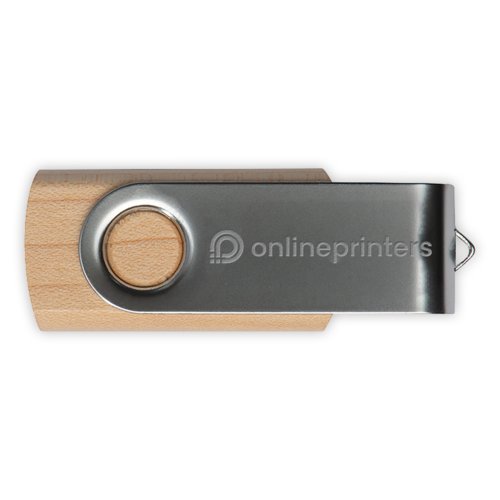 Chiavetta USB in legno con alloggiamento in metallo girevole.