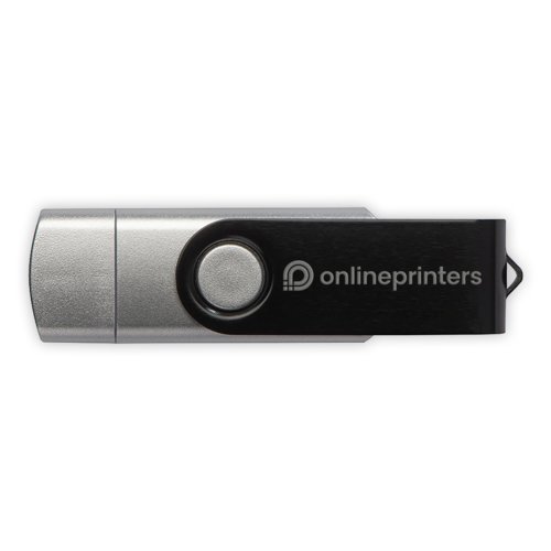 Chiavetta USB argentata con meccanismo a rotazione e anello.