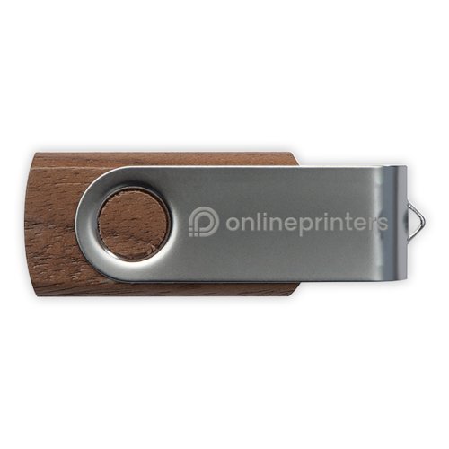 Chiavetta USB in legno con custodia in metallo girevole.