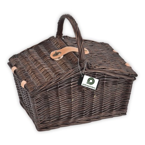 Cesto da picnic in vimini marrone con manico e chiusura.