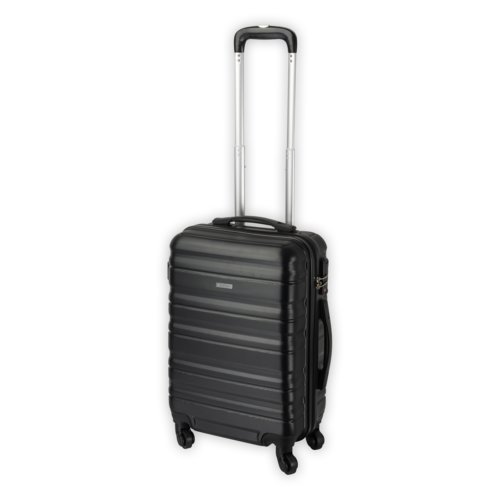 Trolley da viaggio nero con guscio rigido, ruote e maniglia telescopica.