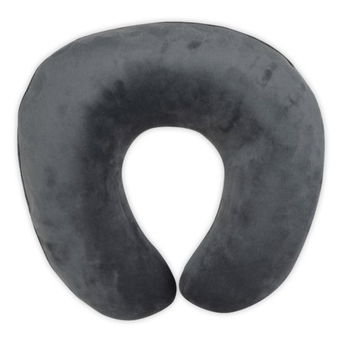 Set da viaggio grigio composto da cuscino cervicale, maschera per dormire e tappi per le orecchie.