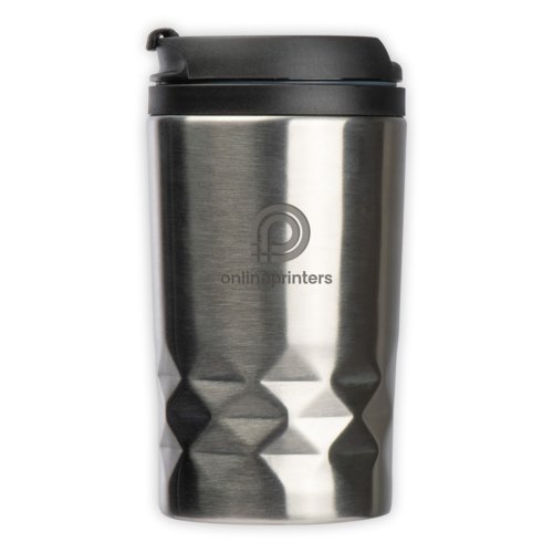 Tazza termica argentata in acciaio inossidabile con coperchio nero.