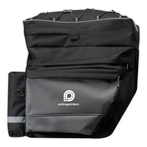 Borsa da bici nera in materiale robusto con tasche laterali.