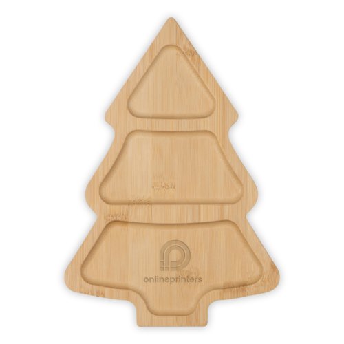 Ciotola per snack in legno chiaro a forma di abete con tre sezioni.