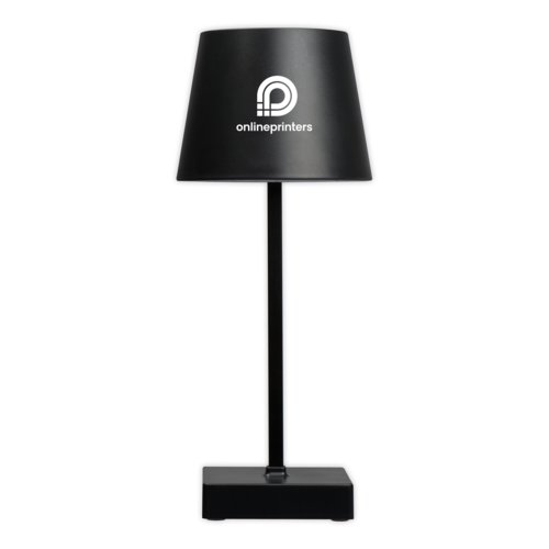 Lampada da tavolo nera con paralume e base rettangolare.